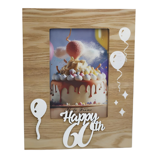 Natural Wood & White Laser Cut Happy 60th Birthday Photo Frame & Balloons Motif