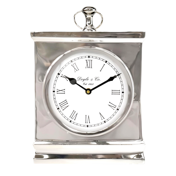 Large Shiny Silver Plated Rectangle Mantel Clock with White Face