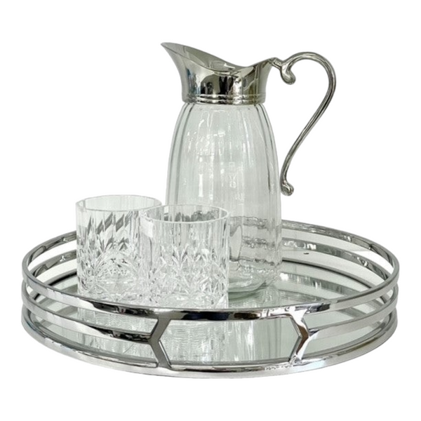Silver Plated Round Decorative Deluxe Trio Band Mirror Tray