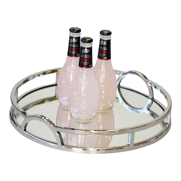 Silver Plated Round Decorative Deluxe Mirror Tray with Arch Handles