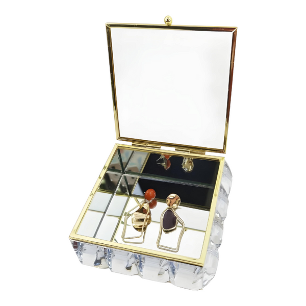 Gold Square Sparkling Crystal Jewels Frame Mirrored Jewellery Box