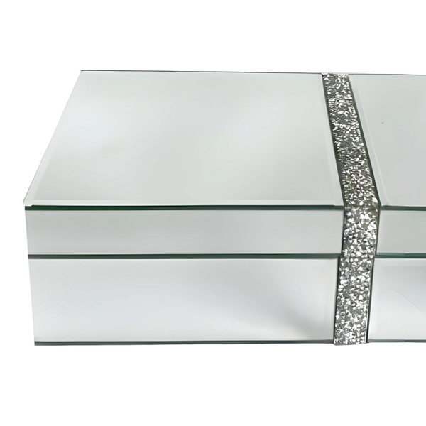 Shiny Silver Plated Rectangle Mirrored Jewellery Box & Sparkling Crushed Diamantes