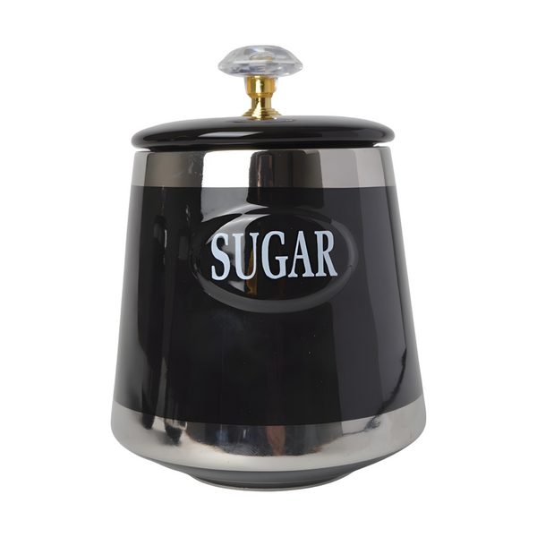 Set 3 Black & Silver Trim Ceramic Kitchen Canisters- Coffee Tea Sugar