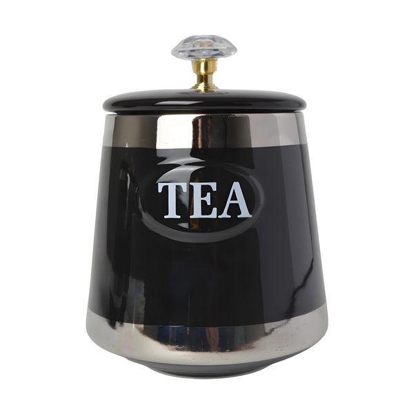 Set 3 Black & Silver Trim Ceramic Kitchen Canisters- Coffee Tea Sugar