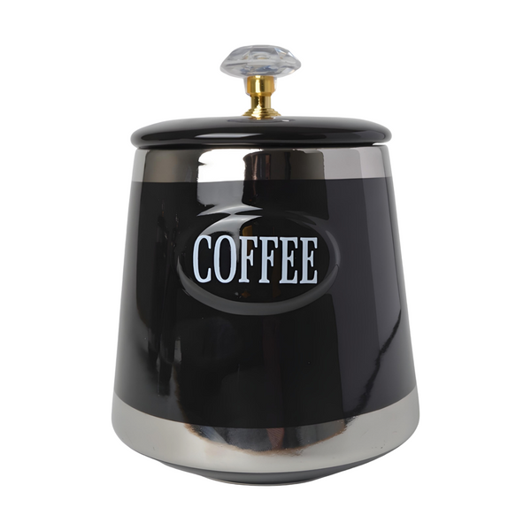 Set 3 Black & Silver Trim Ceramic Kitchen Canisters- Coffee Tea Sugar