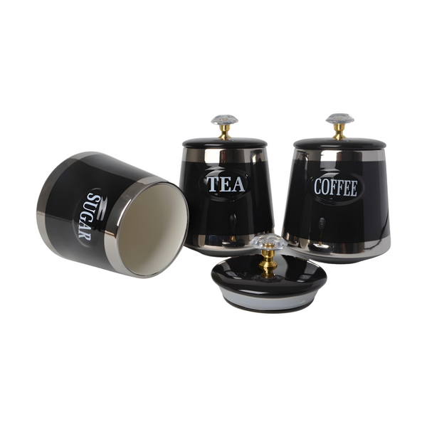 Set 3 Black & Silver Trim Ceramic Kitchen Canisters- Coffee Tea Sugar
