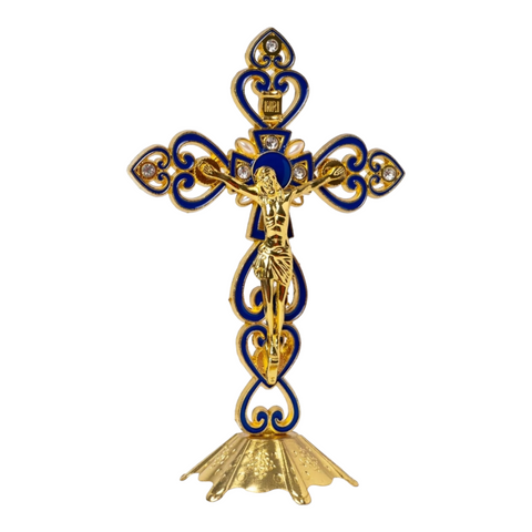 Blue & Gold Chrome Plated Standing Religious Crucifix Cross