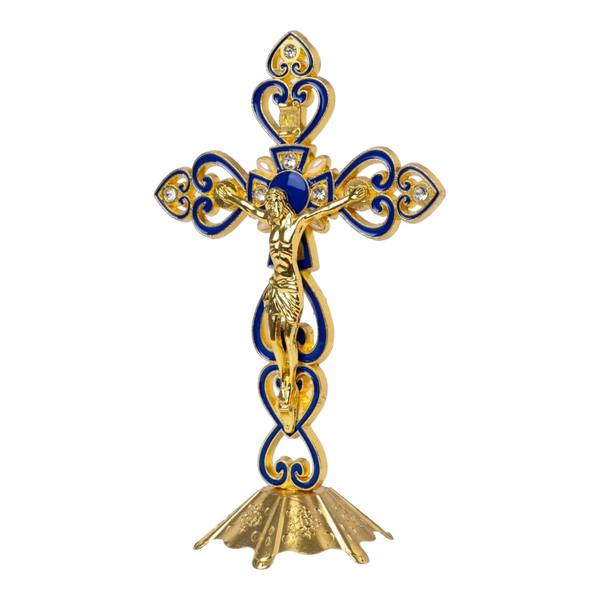 Blue & Gold Chrome Plated Standing Religious Crucifix Cross