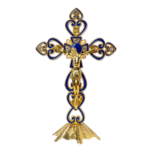 Blue & Gold Chrome Plated Standing Religious Crucifix Cross