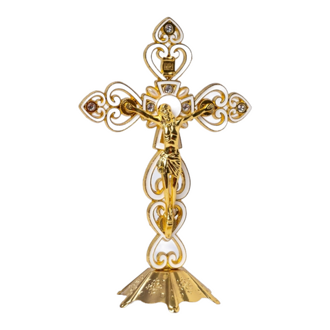 White & Gold Chrome Plated Standing Religious Crucifix Cross