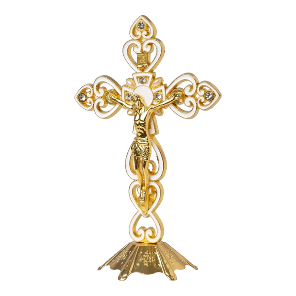 White & Gold Chrome Plated Standing Religious Crucifix Cross