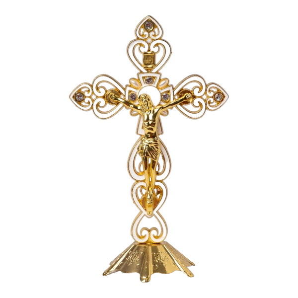 White & Gold Chrome Plated Standing Religious Crucifix Cross