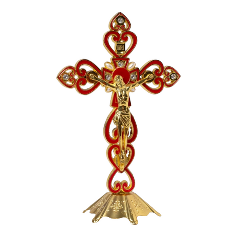 Red & Gold Chrome Plated Standing Religious Crucifix Cross