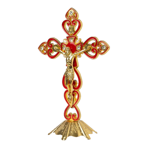 Red & Gold Chrome Plated Standing Religious Crucifix Cross