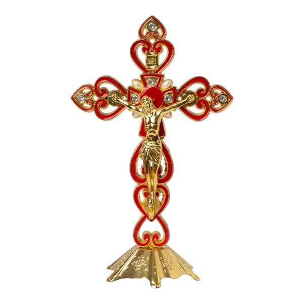 Red & Gold Chrome Plated Standing Religious Crucifix Cross