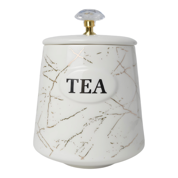 Three white ceramic kitchen canisters with gold marble design and gold handles, each labelled with different contents: coffee, sugar, and tea.