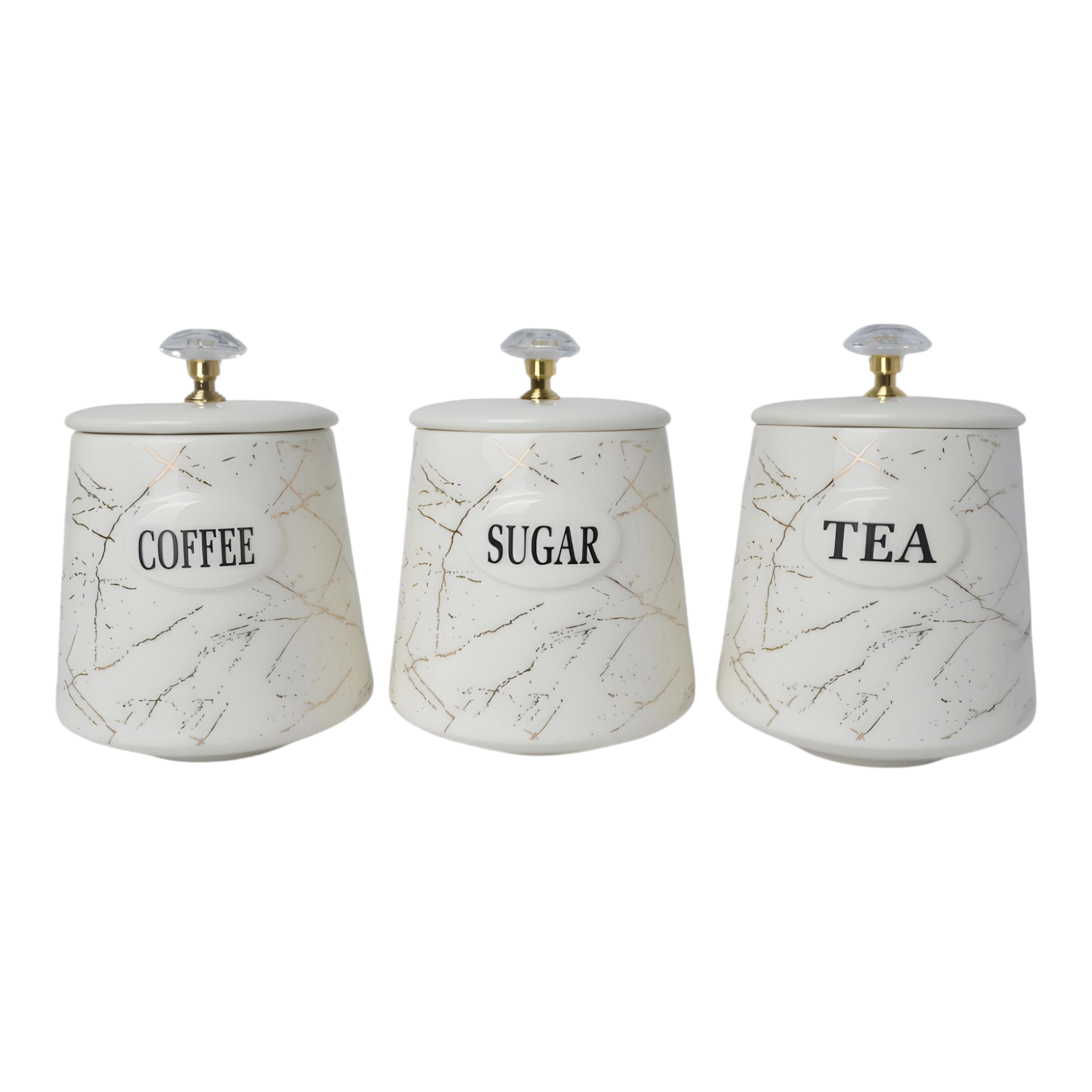 Three white ceramic kitchen canisters with gold marble design and gold handles, each labelled with different contents: coffee, sugar, and tea.