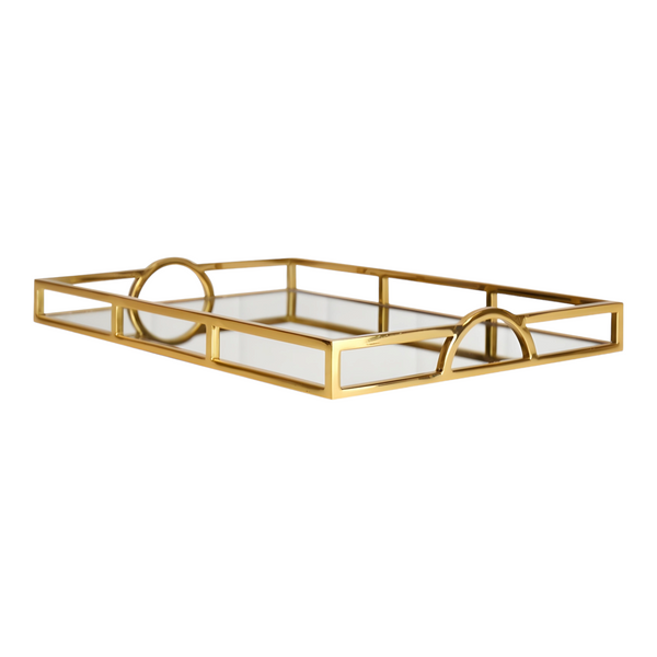 Large Gold Plated Rectangle Decorative Deluxe Mirror Tray with Arch Handles