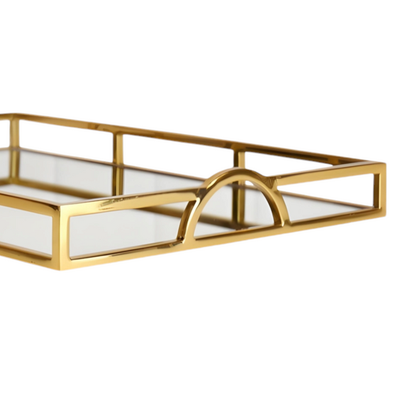 Large Gold Plated Rectangle Decorative Deluxe Mirror Tray with Arch Handles