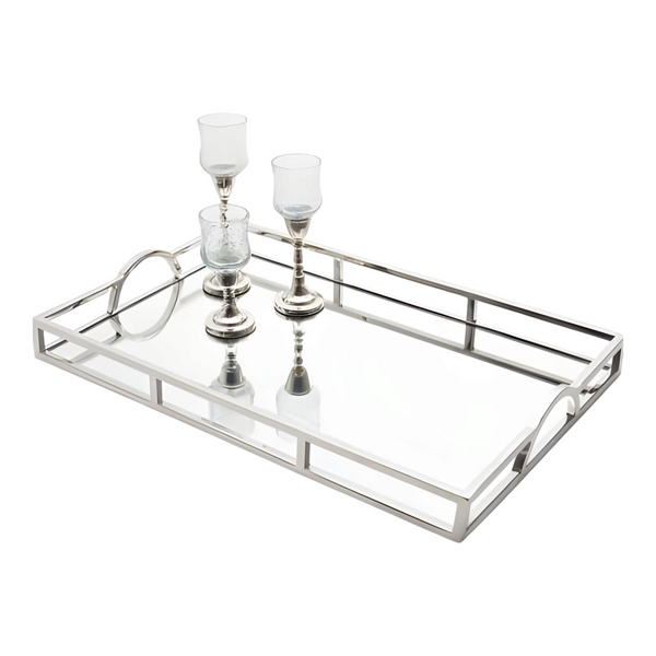 Large Silver Plated Rectangle Decorative Deluxe Mirror Tray with Arch Handles
