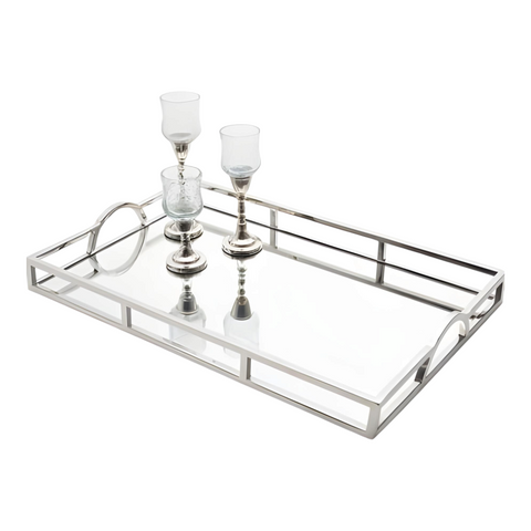 Large Silver Plated Rectangle Decorative Deluxe Mirror Tray with Arch Handles