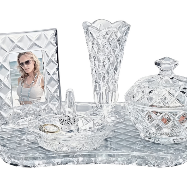 5 Piece Crystal Cut Glass Vanity Dressing Table Decorative Set