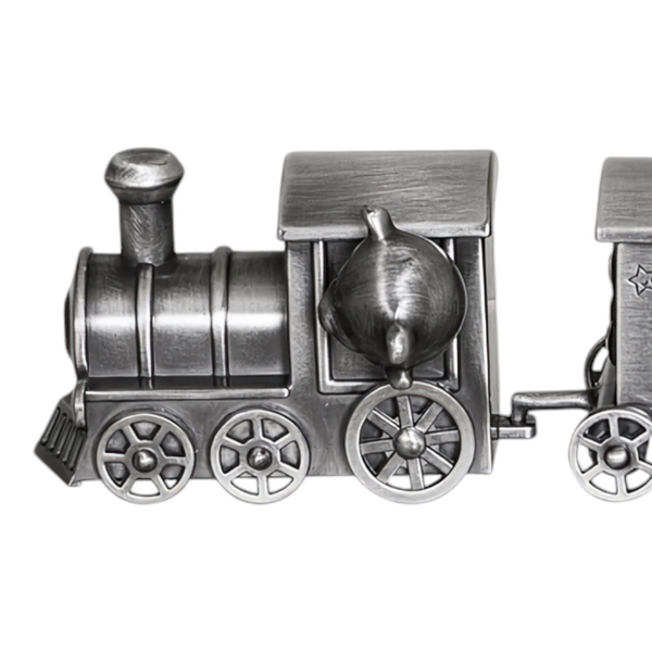 Silver Pewter Teddy Bear Train and Carriage Baby First Tooth & Curl Keepsake In Satin Gift Box