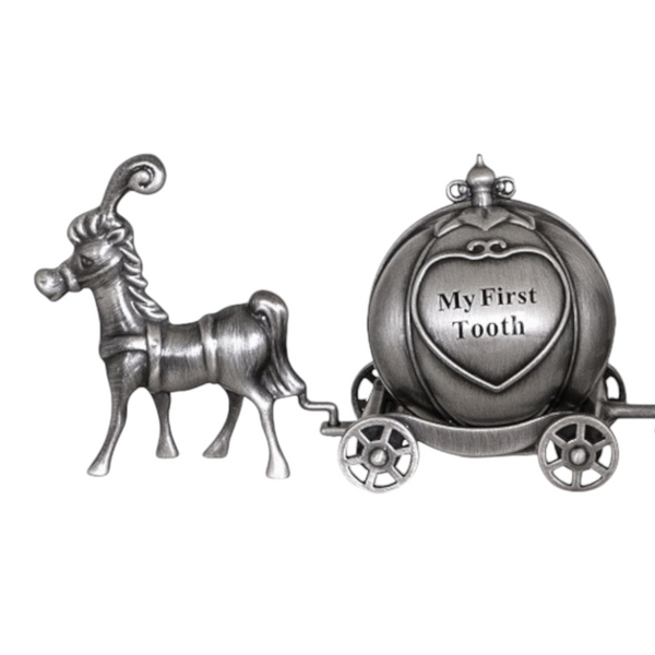 Silver Pewter Horse & Pumpkin Carriage First Tooth & Curl Baby Keepsake In Satin Gift Box