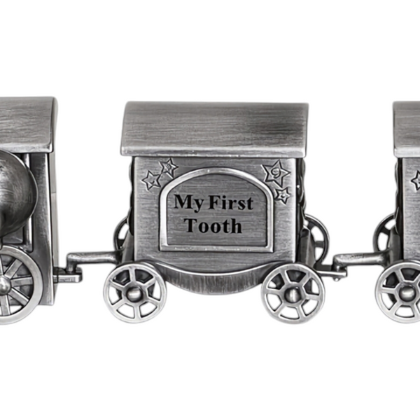 Silver Pewter Teddy Bear Train and Carriage Baby First Tooth & Curl Keepsake In Satin Gift Box