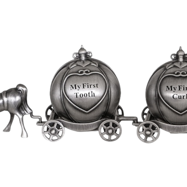 Silver Pewter Horse & Pumpkin Carriage First Tooth & Curl Baby Keepsake In Satin Gift Box