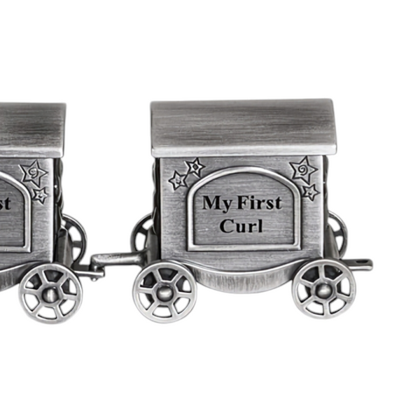 Silver Pewter Teddy Bear Train and Carriage Baby First Tooth & Curl Keepsake In Satin Gift Box