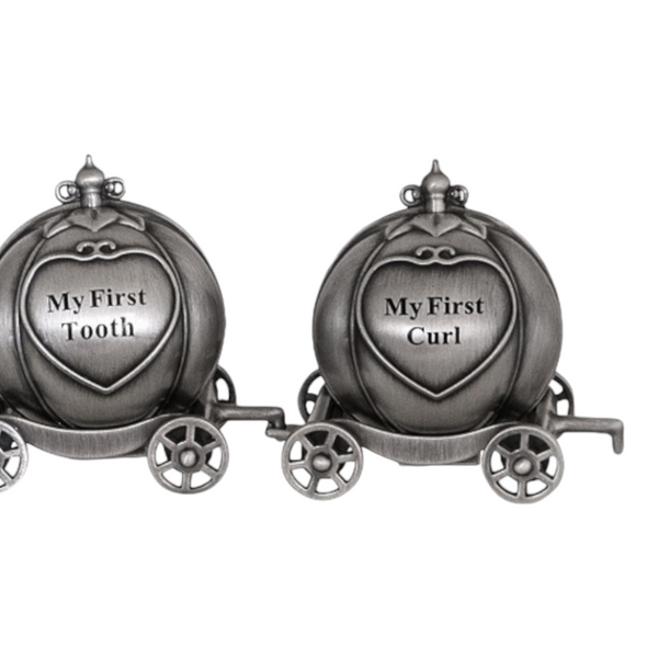 Silver Pewter Horse & Pumpkin Carriage First Tooth & Curl Baby Keepsake In Satin Gift Box