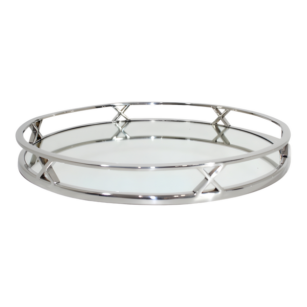 Silver Plated Round Ten X Decorative Deluxe Mirror Tray