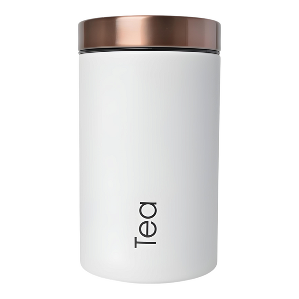 Set 3 White & Rose Gold Lid Metal Kitchen Canisters- Coffee Tea Sugar