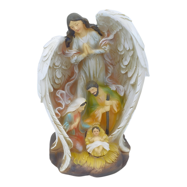 Christmas Nativity Holy Family Colour Statue within Angel Wing