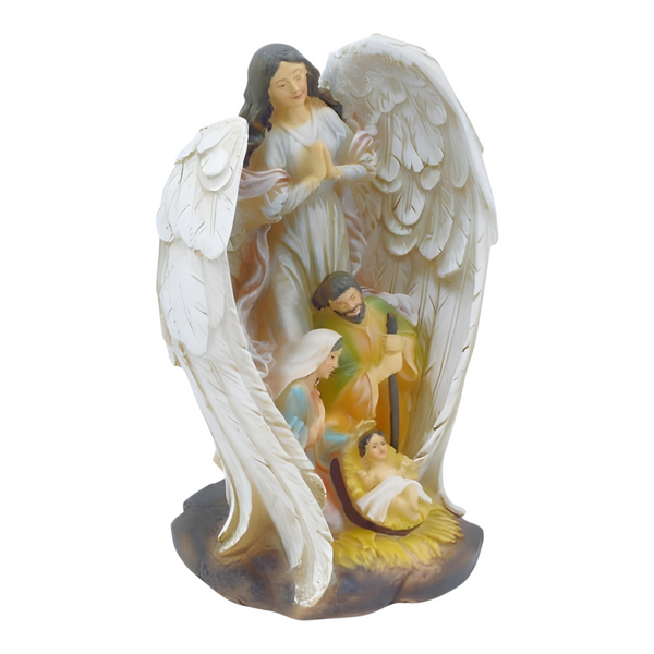 Christmas Nativity Holy Family Colour Statue within Angel Wing