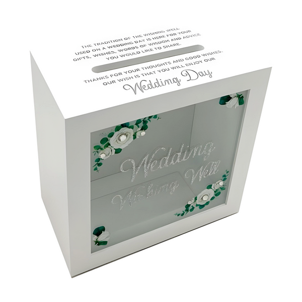 White Wood Square Floral Design Wedding Wishing Well Box