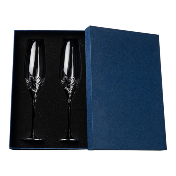 Set 2 Silver Champagne Glass Flutes & Crystal Diamante Swan Hearts