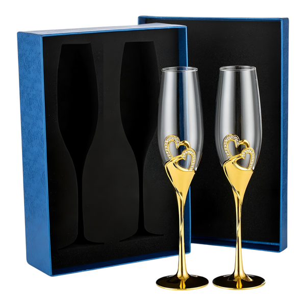 Set 2 Gold Champagne Glass Flutes & Binding Crystal Diamante Double Hearts