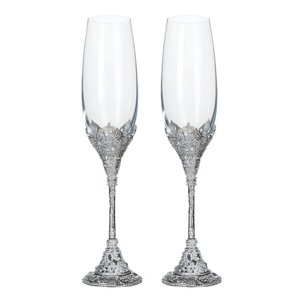 Set 2 Silver Royal Champagne Glass Flutes with Crystal Diamantes on Stems & Base
