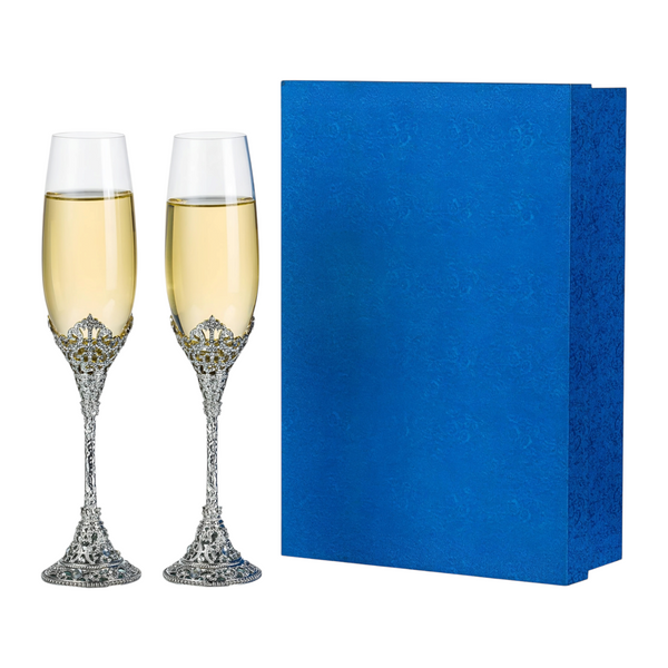 Set 2 Silver Royal Champagne Glass Flutes with Crystal Diamantes on Stems & Base