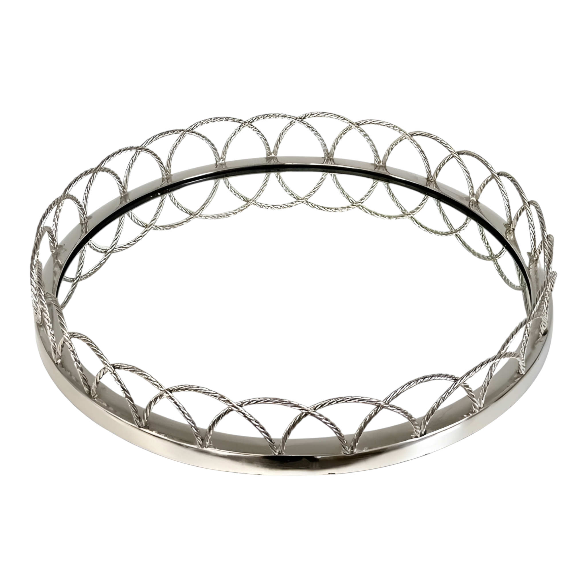 Silver Plated Round Decorative Deluxe Looped Edge Mirror Tray