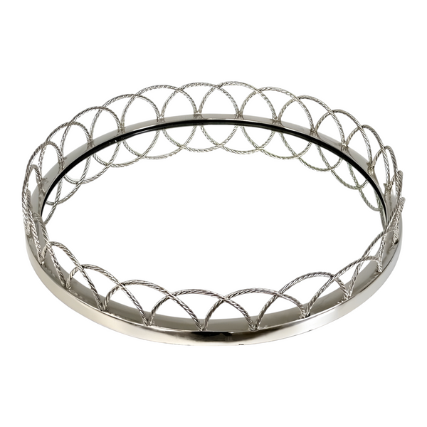 Silver Plated Round Decorative Deluxe Looped Edge Mirror Tray