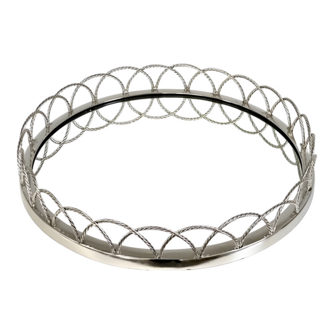 Silver Plated Round Decorative Deluxe Looped Edge Mirror Tray