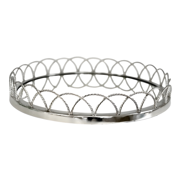 Silver Plated Round Decorative Deluxe Looped Edge Mirror Tray
