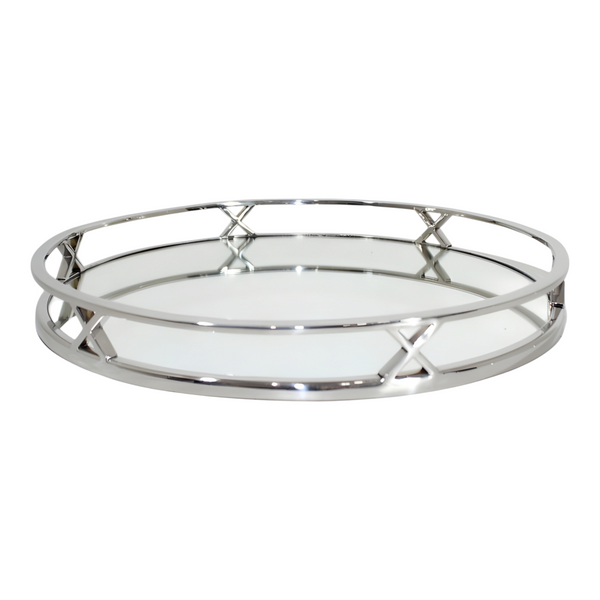 Silver Plated Round Ten X Decorative Deluxe Mirror Tray