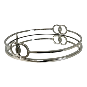 Large Silver Plated Round Decorative Deluxe Buckle Mirror Tray