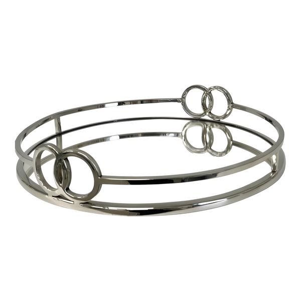 Large Silver Plated Round Decorative Deluxe Buckle Mirror Tray