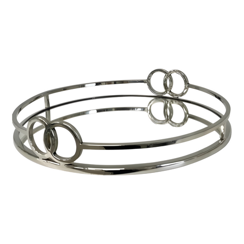 Large Silver Plated Round Decorative Deluxe Buckle Mirror Tray