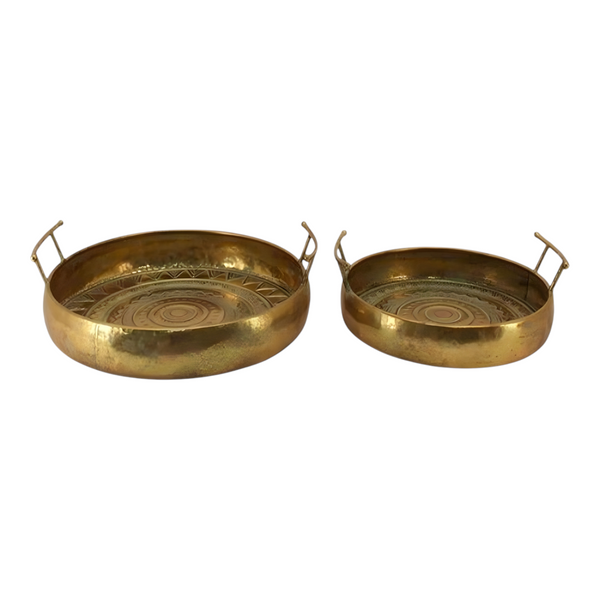 Set 2 Gold Plated Round Decorative Metal Trays with Handles